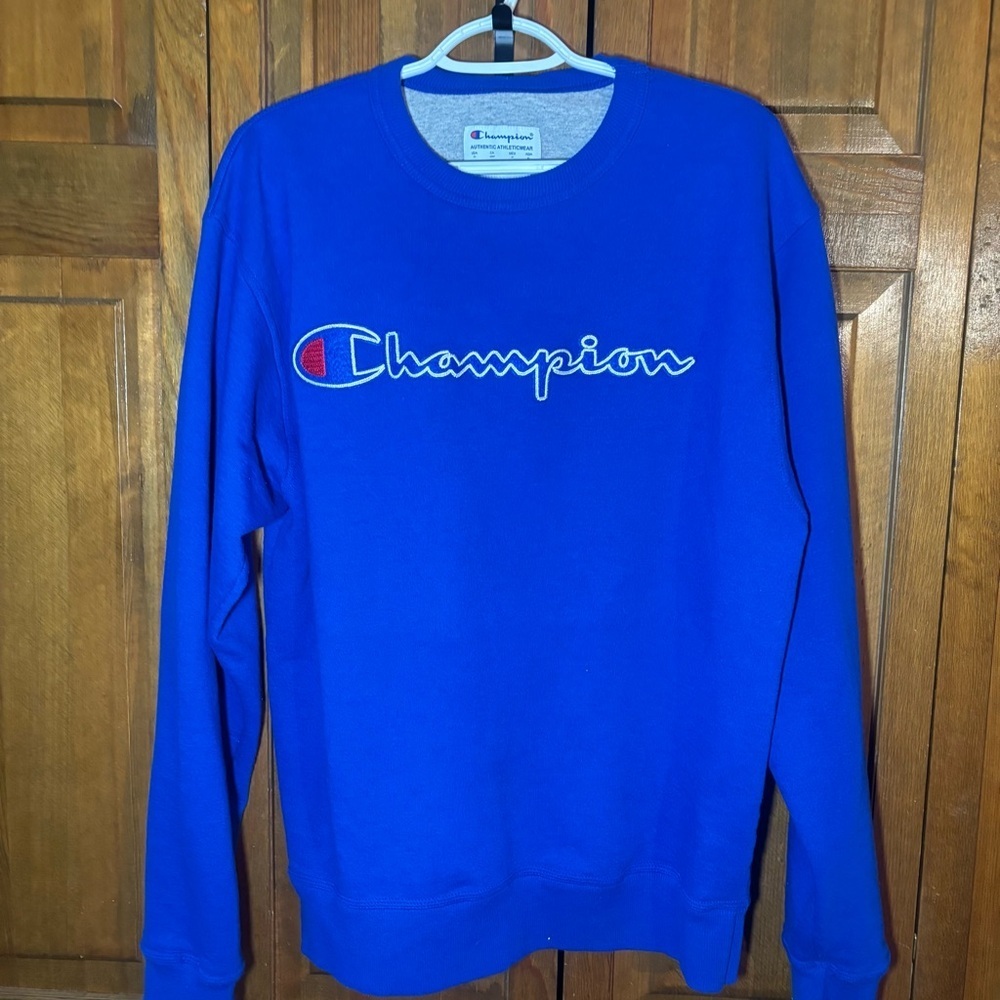 Champion Men’s Bright Blue Script Logo Crewneck Sweatshirt